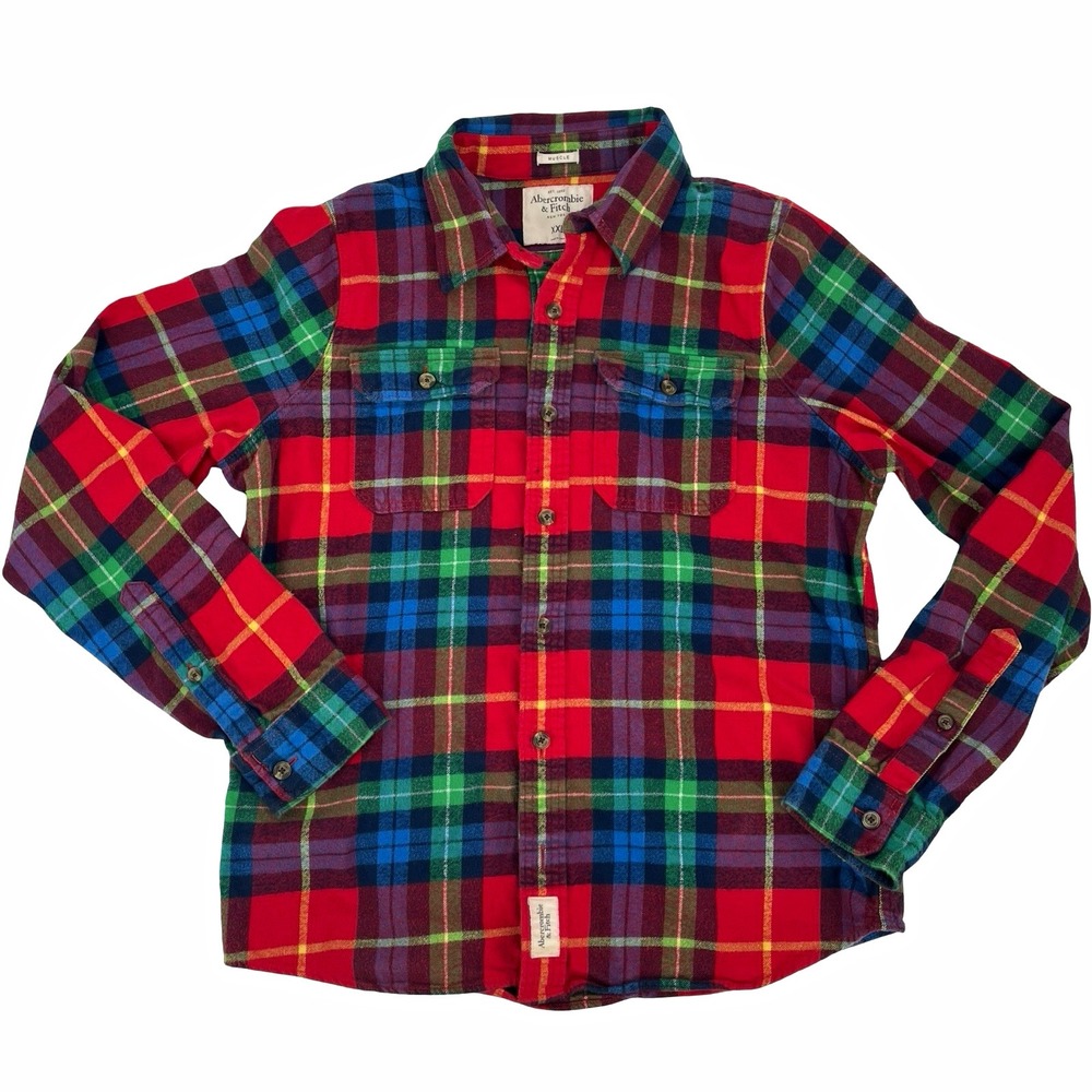 Abercrombie & Fitch Mens XXL Muscle Fit Flannel Shirt Red Green Blue Plaid